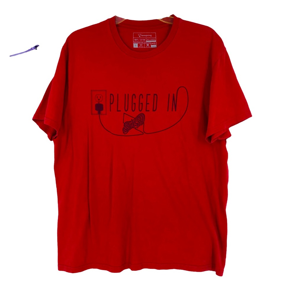 “Plugged In” Teespring Red T-Shirt SZ L; Technical Themed Tee; Electricity Shirt
